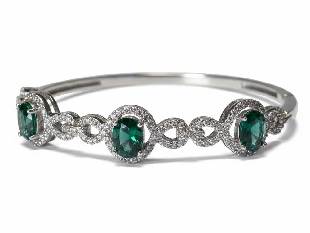 Faux Emerald and Faux Diamond Bangle Bracelet in Silvertone 7.5" Double Catch